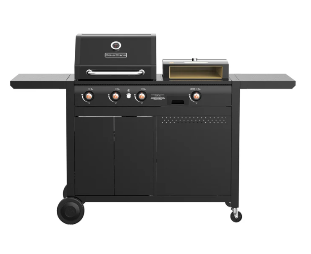 BakerStone BSO3251-OOO LP outdoor cooking center showing the integrated grill and pizza-oven box