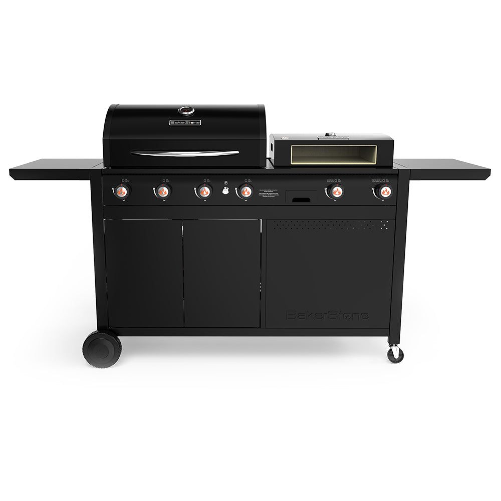 BakerStone Original Series Outdoor Multi-Function Cooking Center BSO4502-OOO-K1 with its pizza-oven box mounted on the grill cart