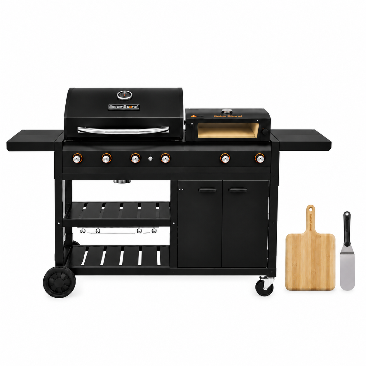 BakerStone BSO4502-OSB-K1 cooking center with mounted pizza-oven chamber and peel and turner shown beside it