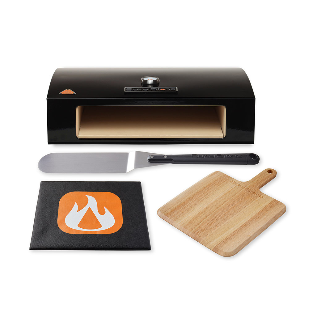BakerStone Original Series Pizza Oven Box Kit O-ABDHX-O-000 shown with box, peel, turner and cover
