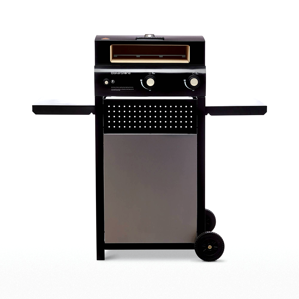 BakerStone Original Series Gas Pizza Oven Box O-AJKXX-O-000 on the included cart with side tables