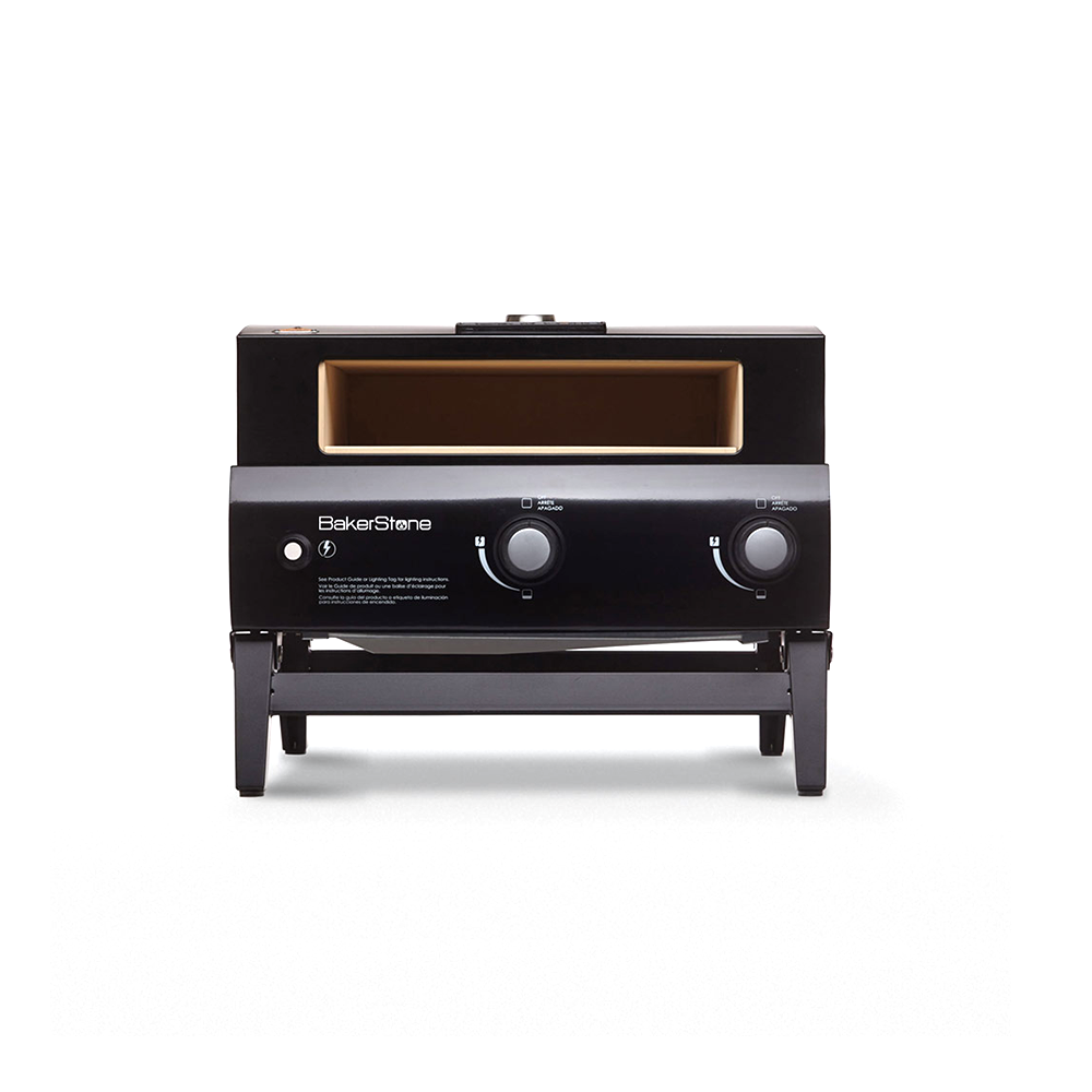BakerStone Original Series O-AJLXX-O-000 portable gas pizza oven box on its folding-leg firebox