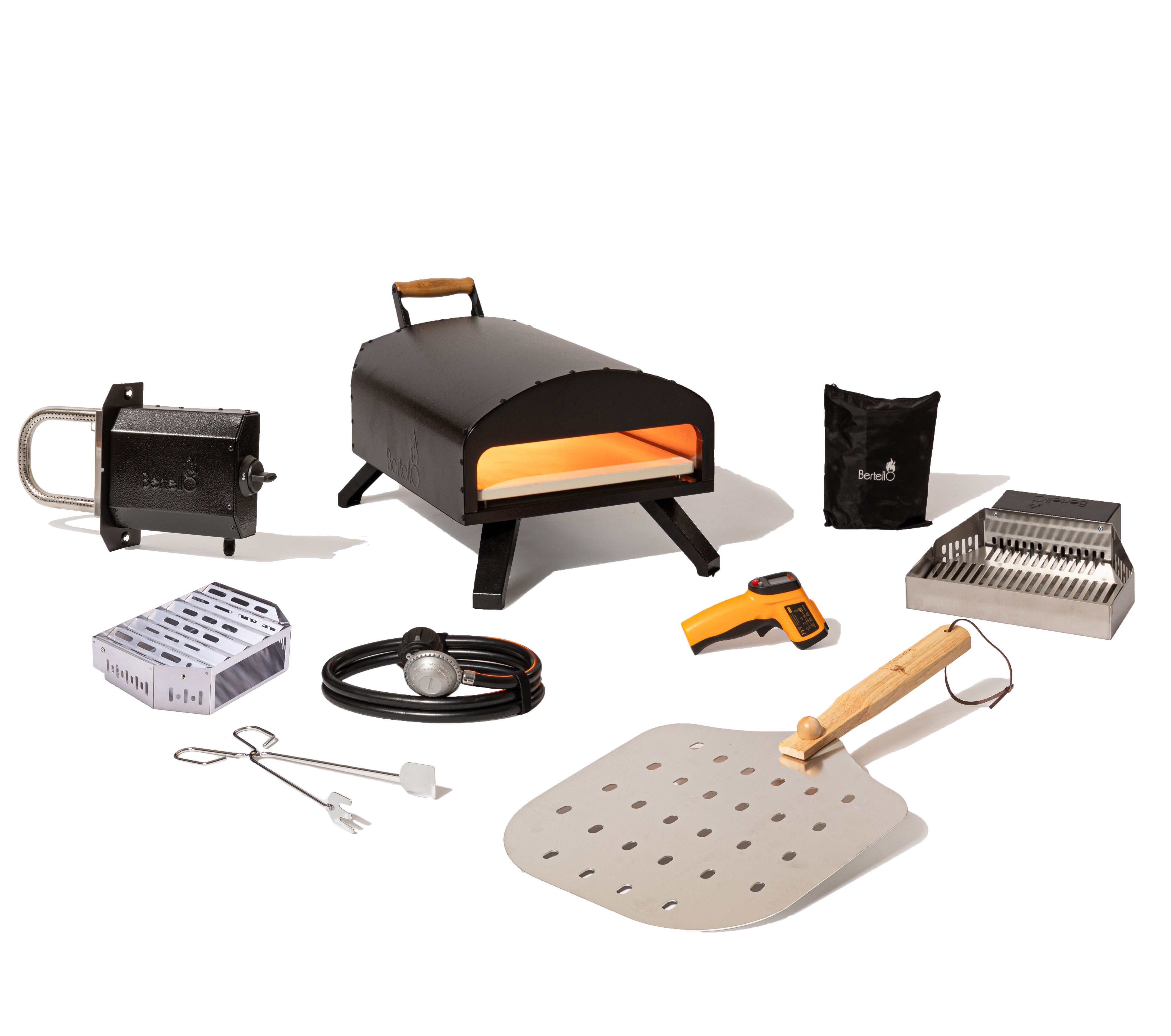 Bertello 12-inch SimulFIRE Everything Bundle showing the oven, burner, solid-fuel equipment, cover, thermometer and peel