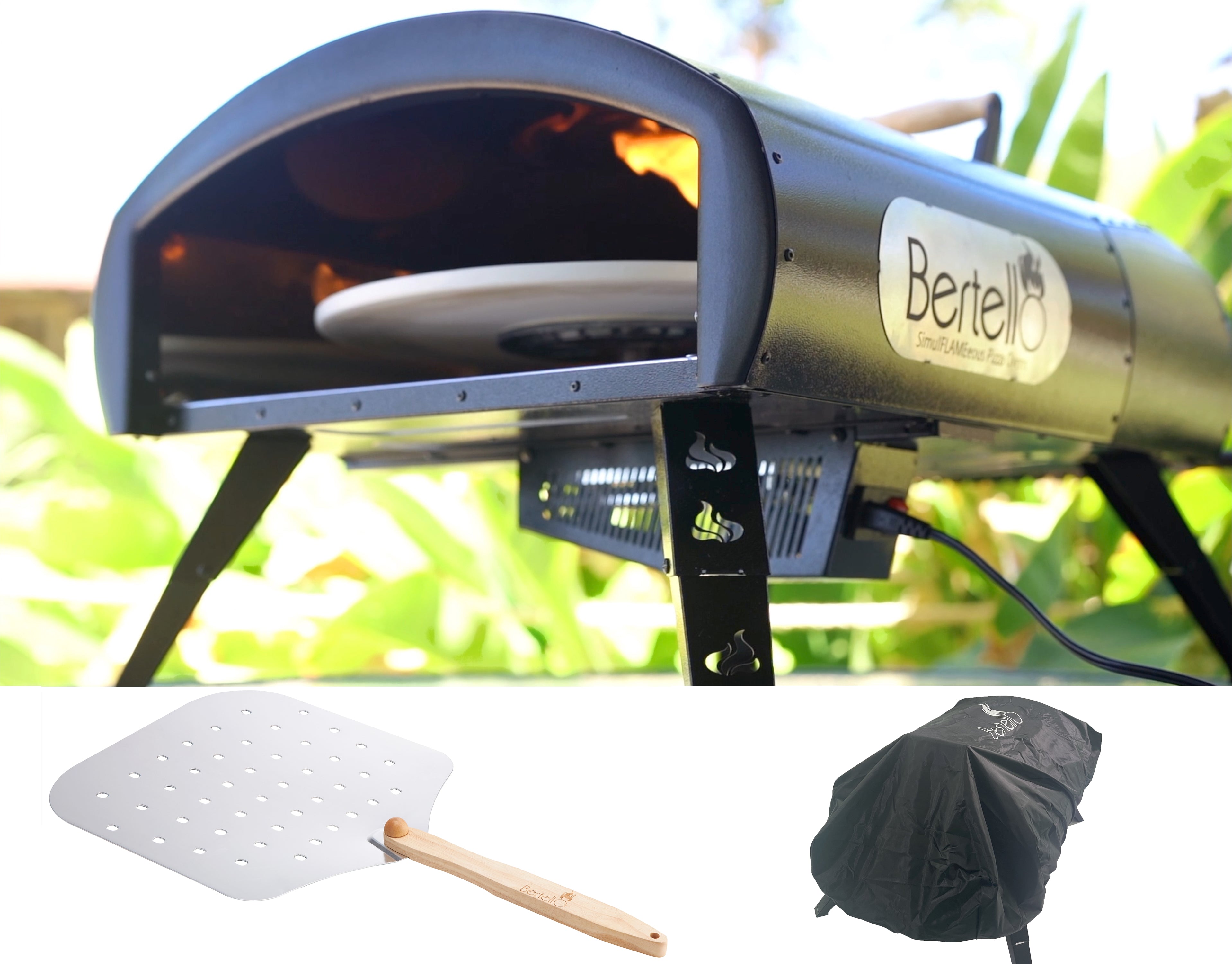 Rotating Bertello SimulFIRE 16-inch Essentials Bundle: oven, metal peel and weather cover in a lifestyle/product composition.