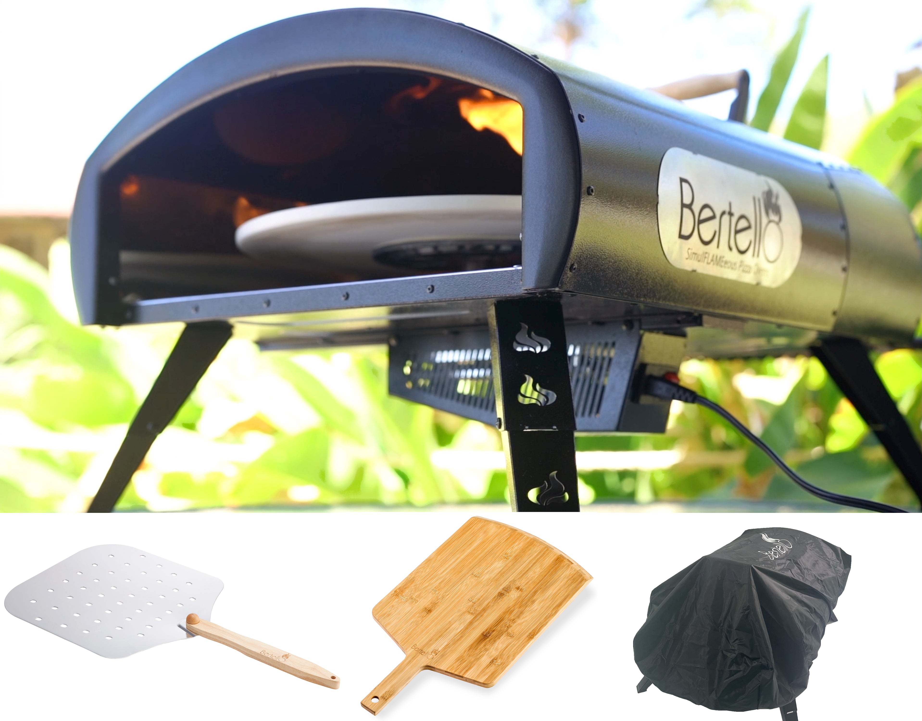 Rotating Bertello SimulFIRE 16-inch Pro Bundle: oven plus metal and bamboo peels and weather cover in a product composition.