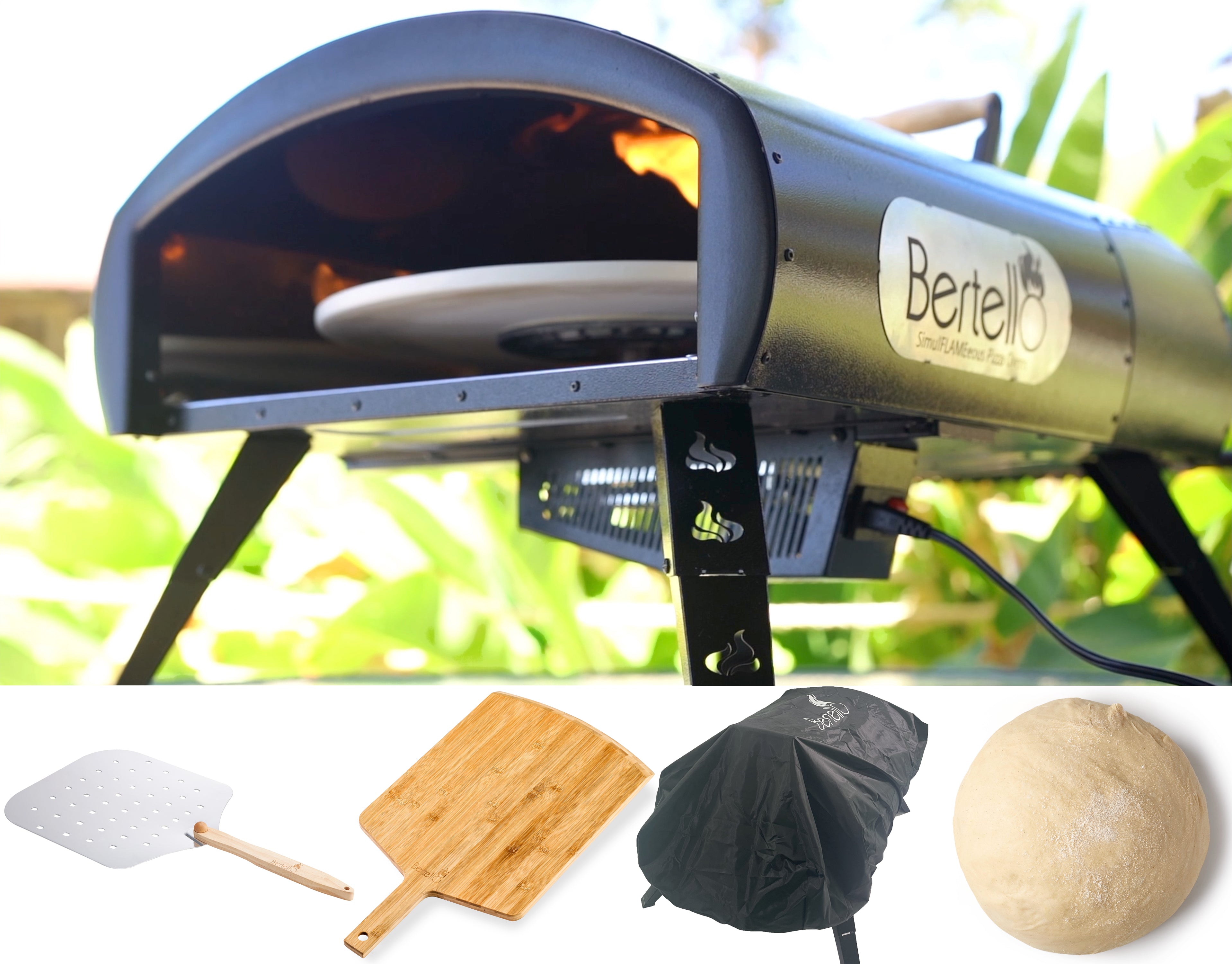Rotating Bertello SimulFIRE 16-inch Ultimate Bundle: oven, metal and bamboo peels, cover and dough in a product composition.