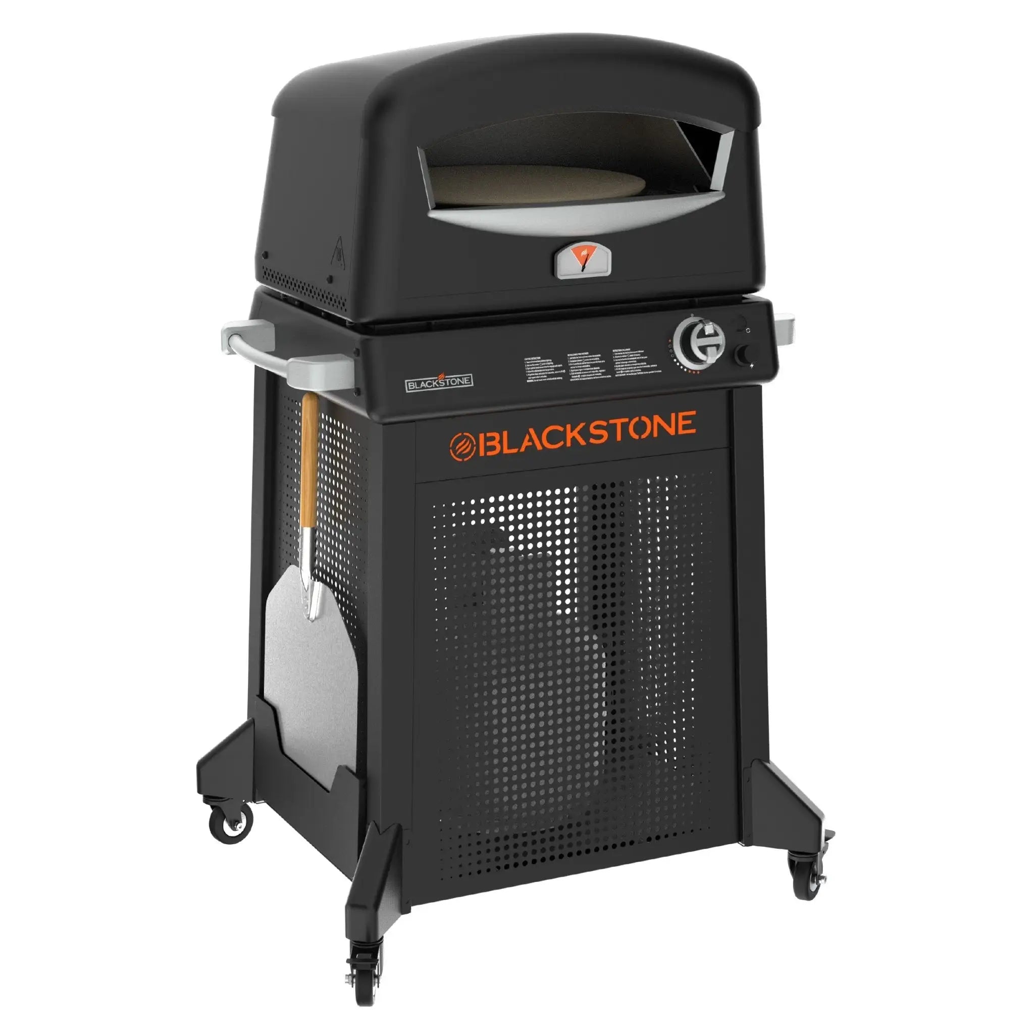 Blackstone Pizza Oven with Mobile Cart, exact U.S. SKU 6825, on its caster cart with pizza peel in holder