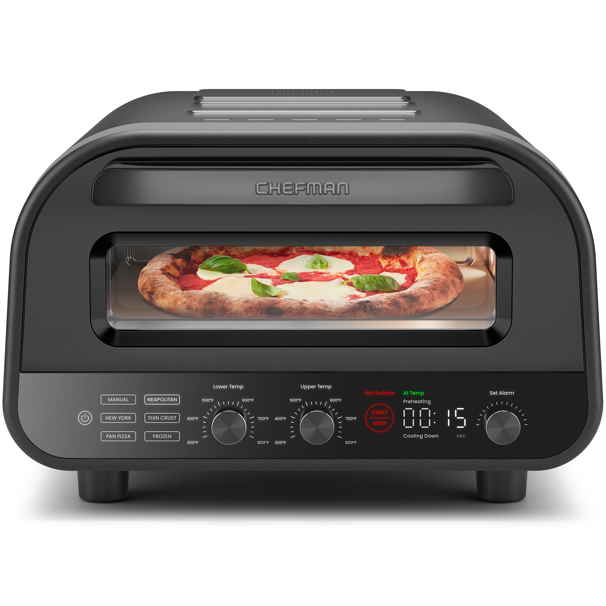 Chefman Home Slice indoor electric pizza oven, black finish, exact SKU RJ25-PO12-BLACK