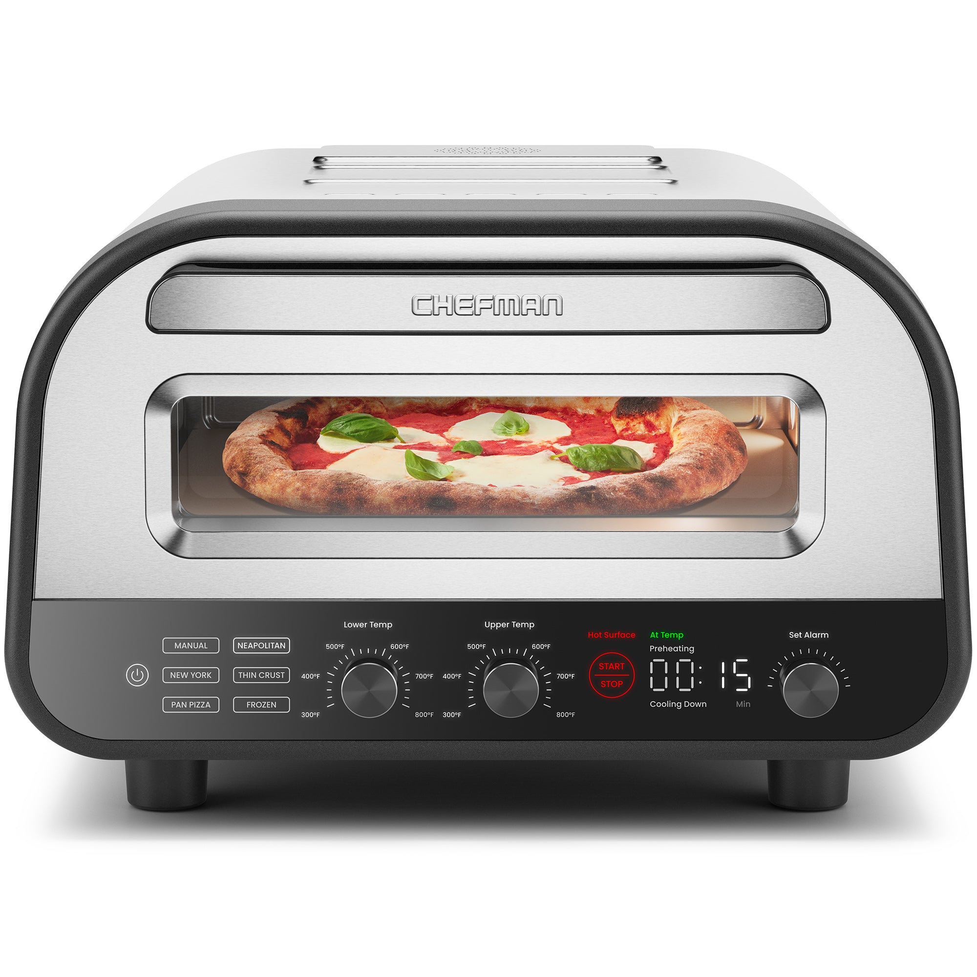 Chefman Home Slice indoor electric pizza oven in stainless steel, exact U.S. SKU RJ25-PO12-SS