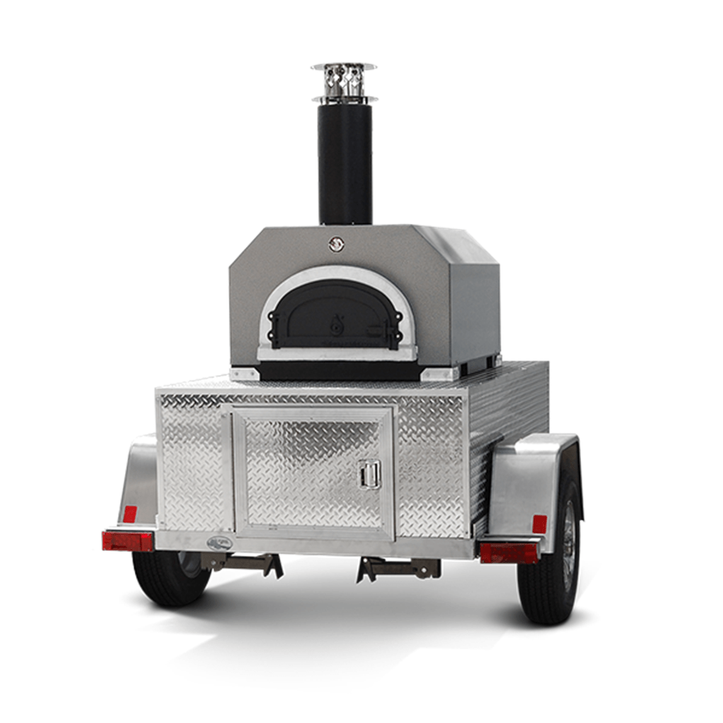 Chicago Brick Oven CBO 750 Tailgater with Silver Vein hood and wood-fired option on its aluminum trailer