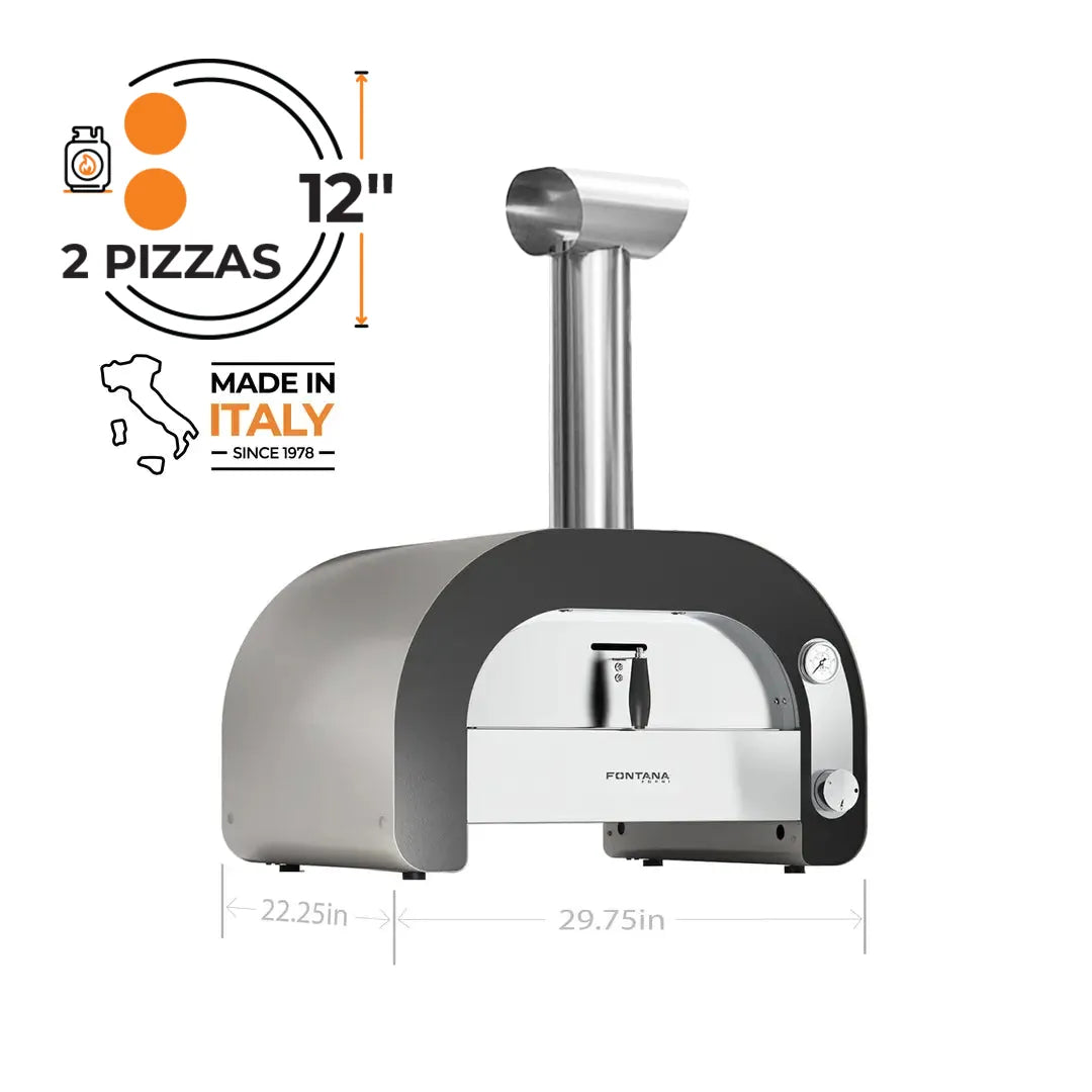 Fontana Maestro 60 in a manufacturer graphic showing two 12-inch pizzas and outside width/depth dimensions; support package varies.
