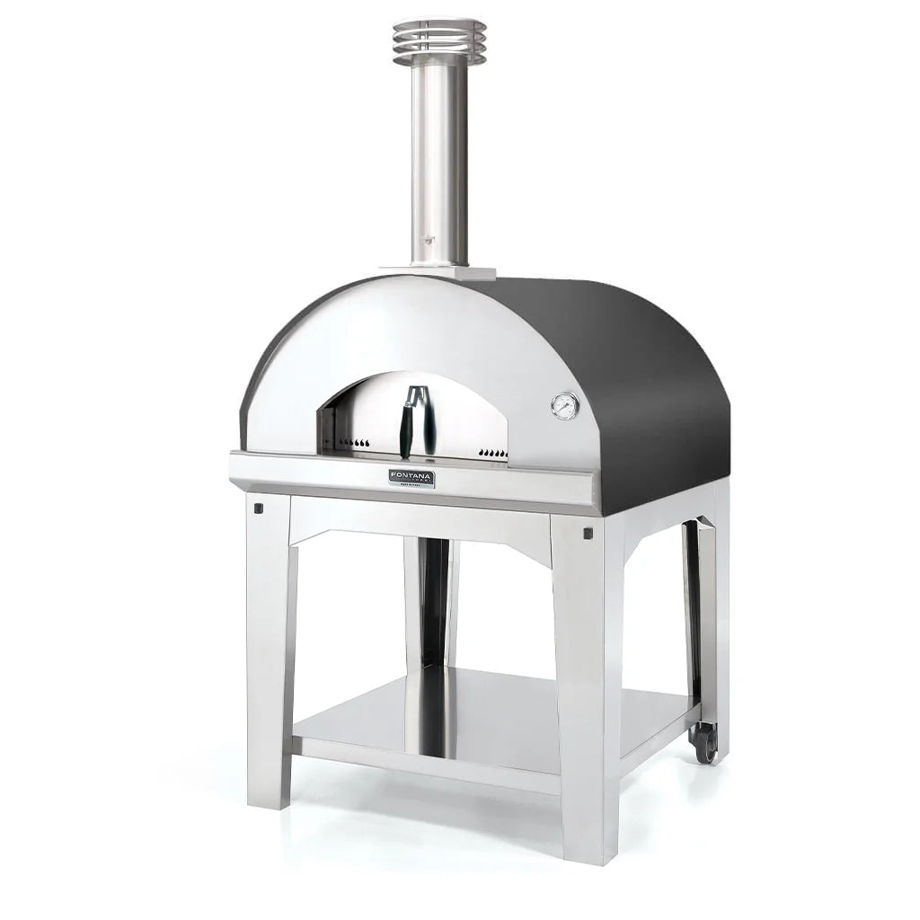 Fontana Marinara oven shown above a wheeled support in the manufacturer model gallery; support and finish vary by configuration.