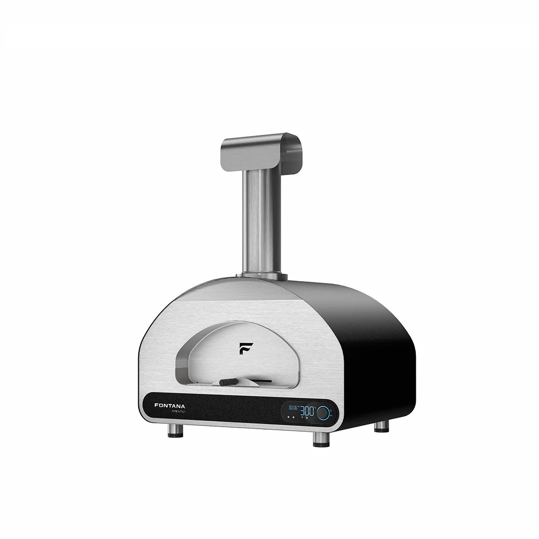 Fontana Volta 70 countertop oven, front and side view with chimney