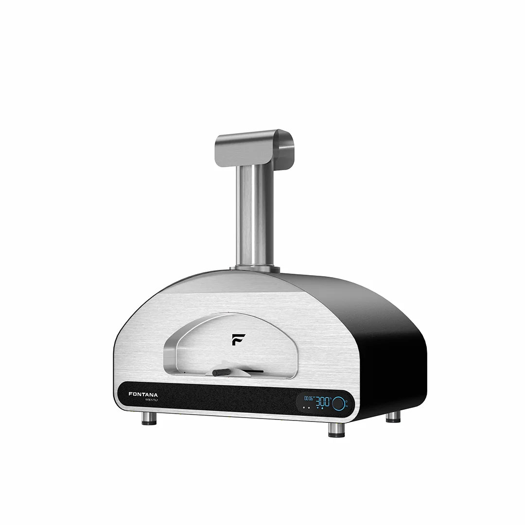 Fontana Volta 90 countertop oven, front and side view with chimney