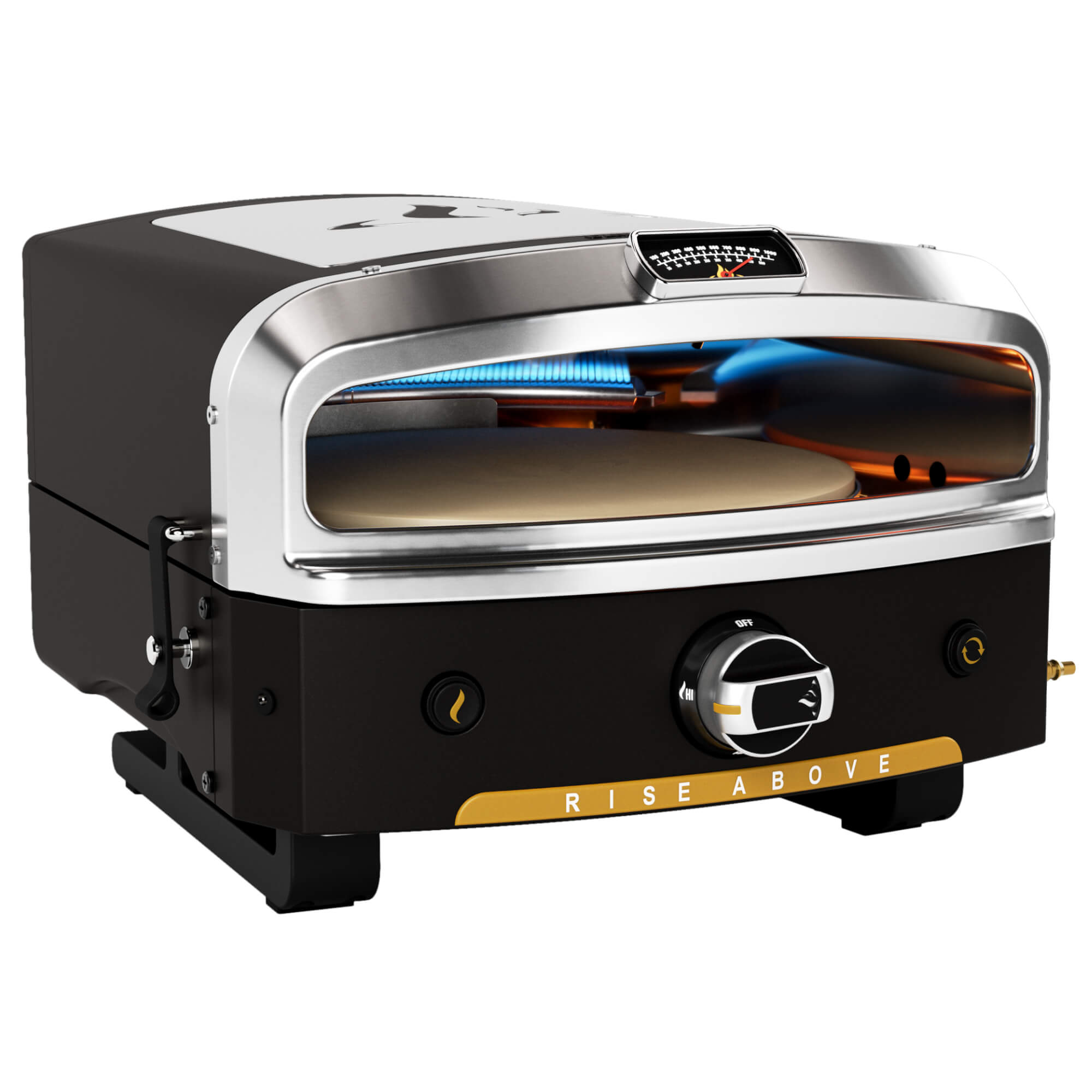 HALO Versa 16 outdoor pizza oven with exposed rotating stone, upper gauge and controls