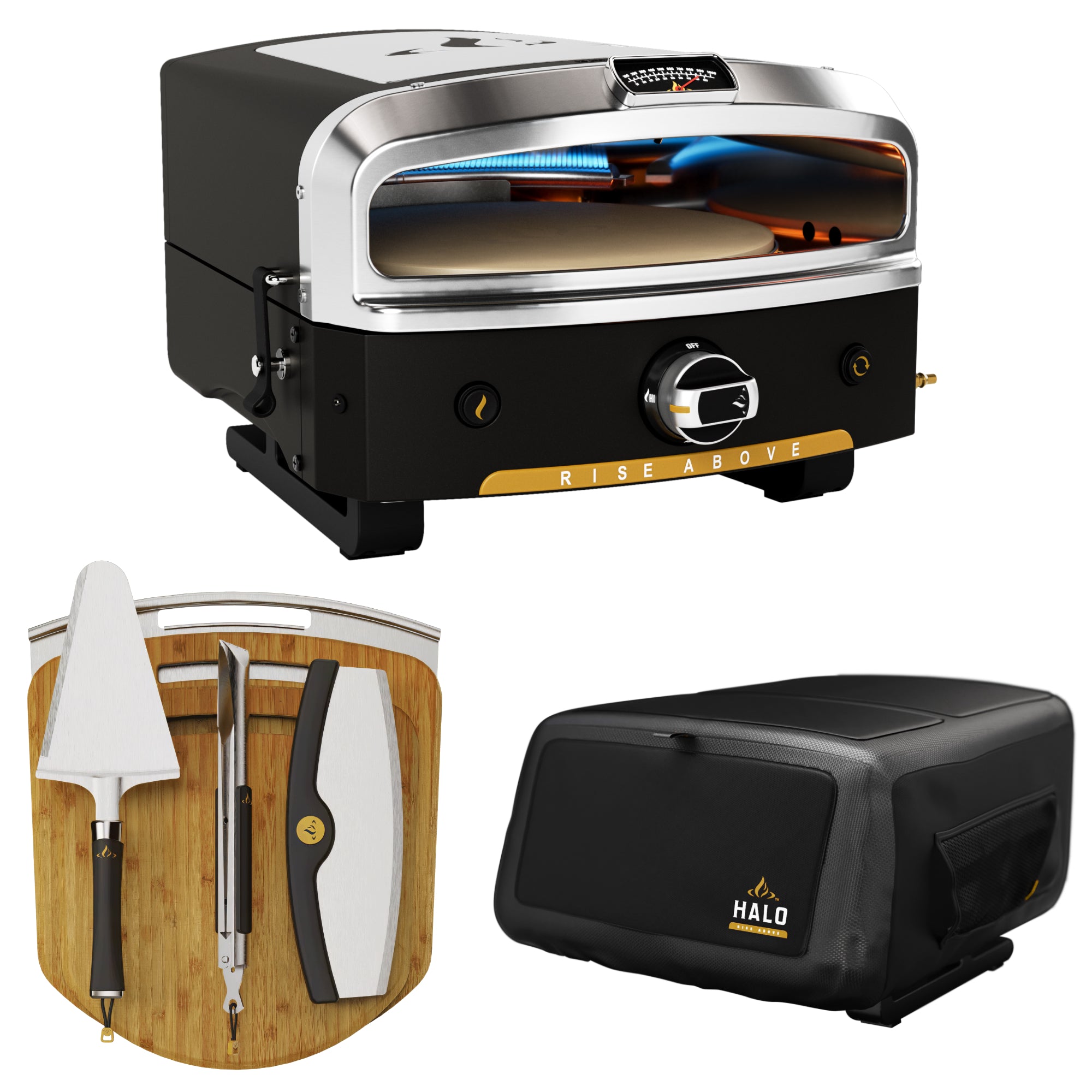 HALO Versa 16 Essential Pizza Bundle showing oven, tools and fitted cover
