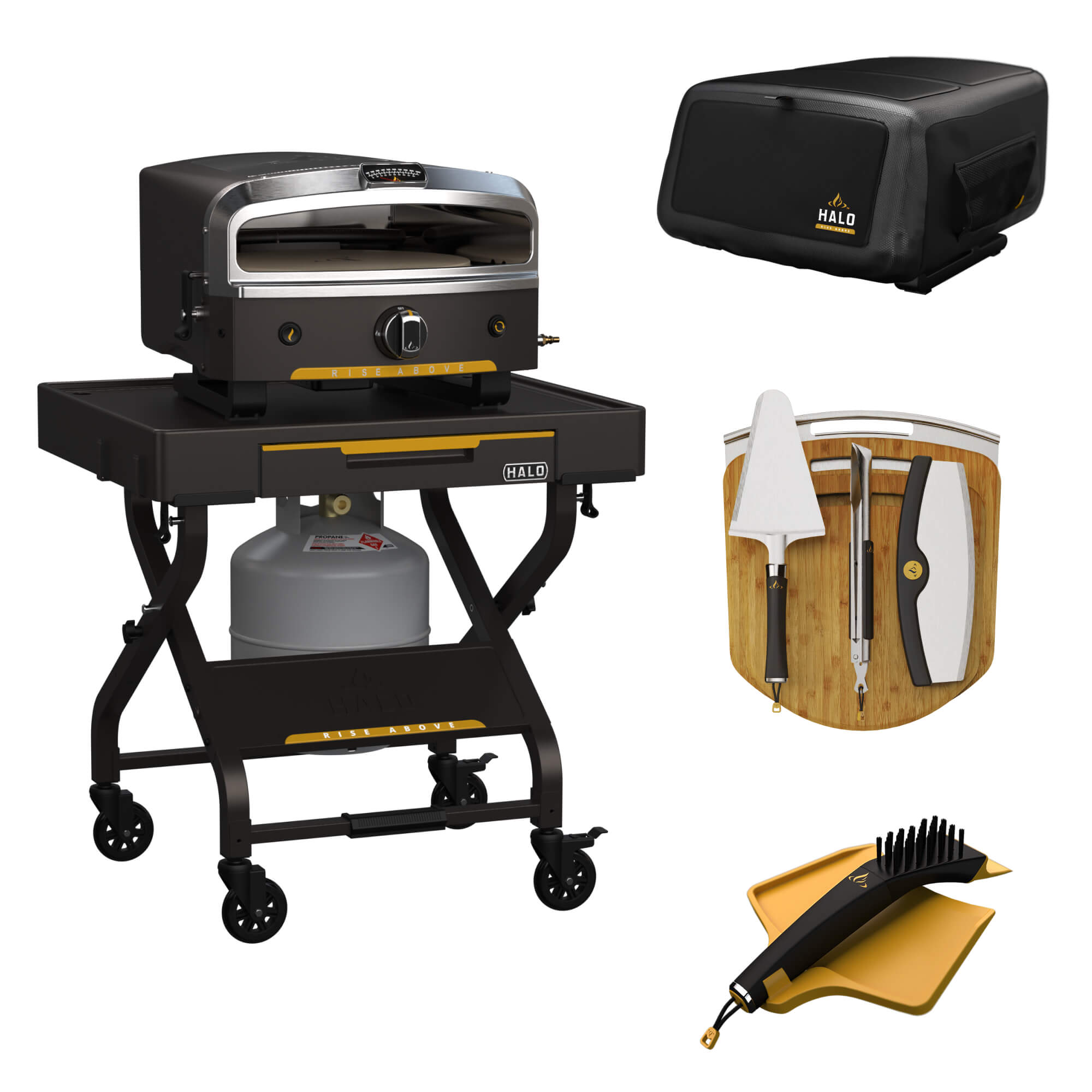 HALO Versa 16 Ultimate Pizza Oven Bundle showing oven, cart, cover, utensils and cleaning kit
