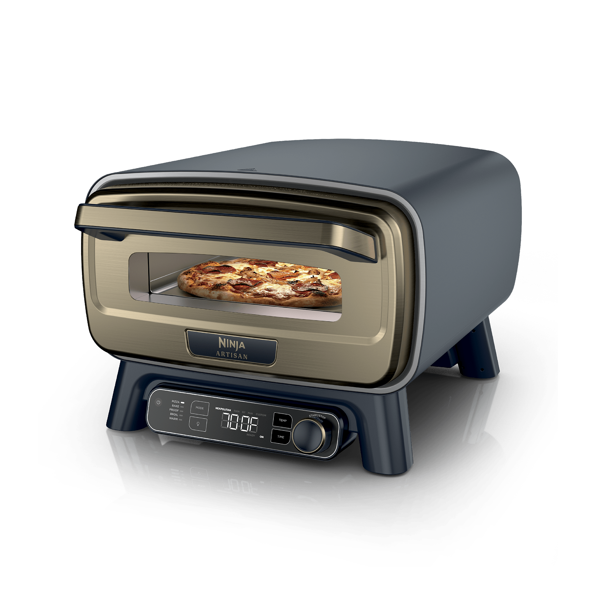 Ninja Artisan MO201BL1 outdoor electric pizza oven in Blue and Gold with pizza visible on the stone