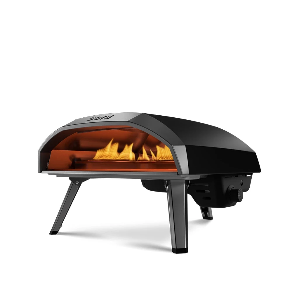 Ooni Koda 16 first-generation propane pizza oven, black body and cordierite stone, viewed from the front at a slight angle.