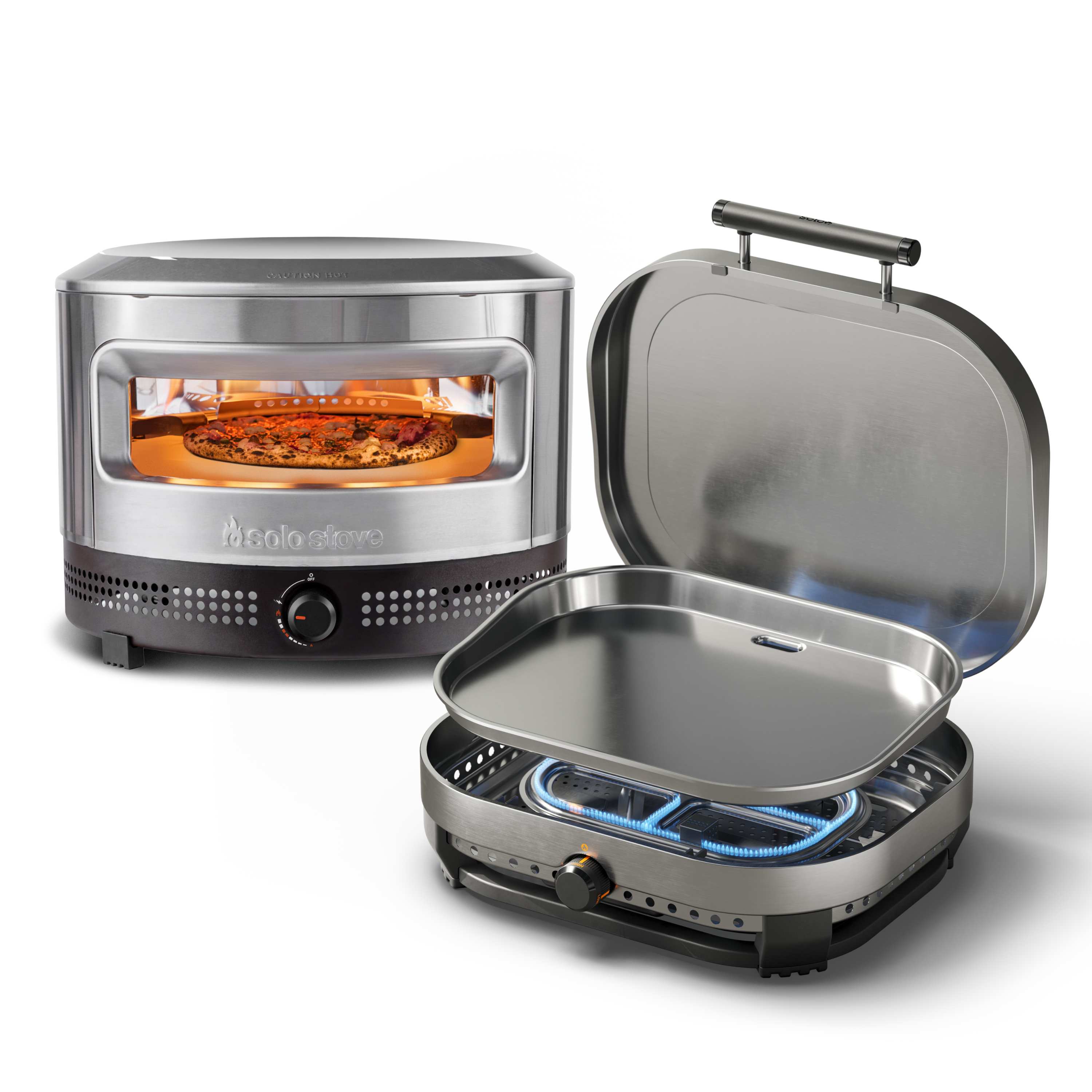 Solo Stove Pi Prime propane pizza oven paired with a separate Steelfire griddle