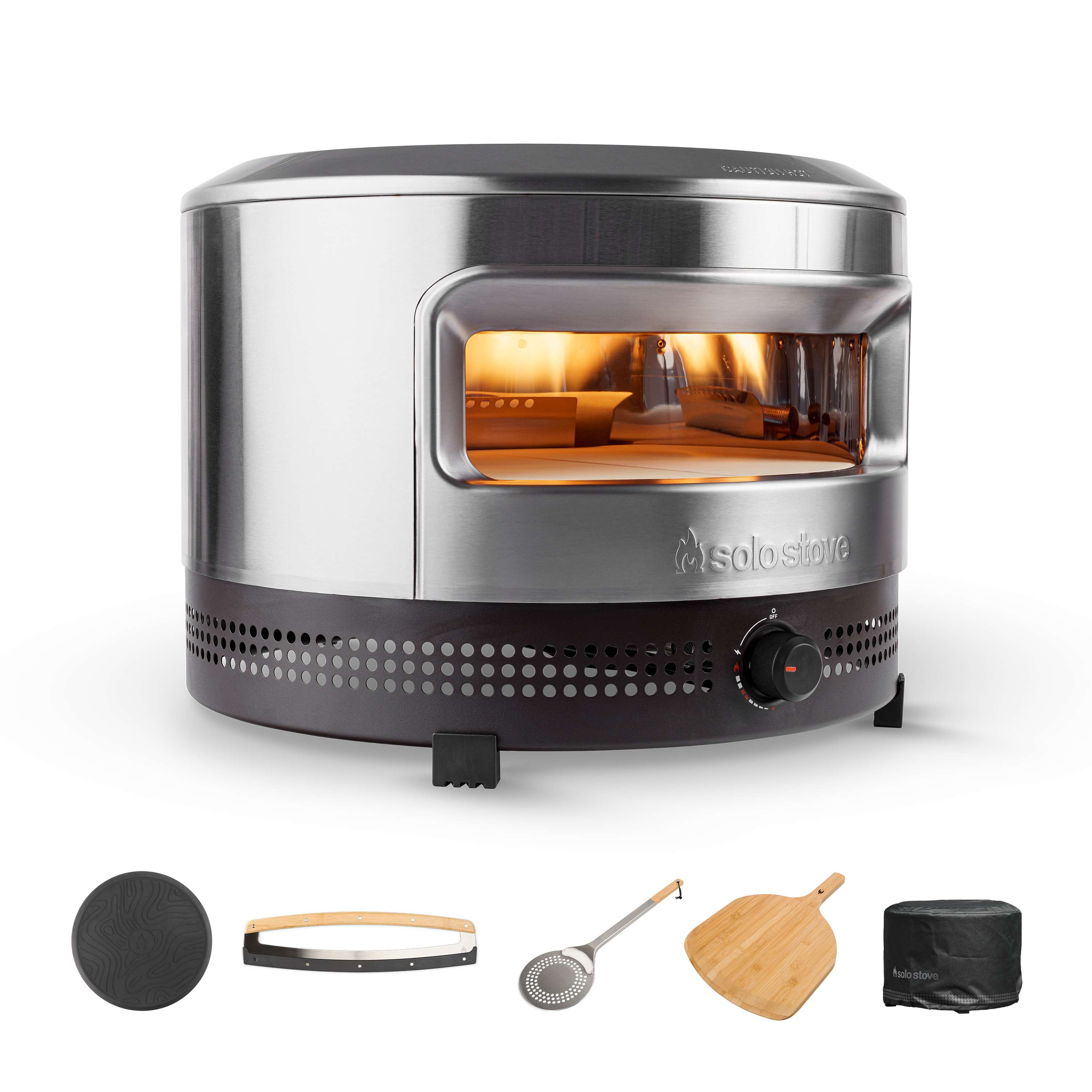 Solo Stove Pi Prime propane pizza oven displayed with the included accessory package