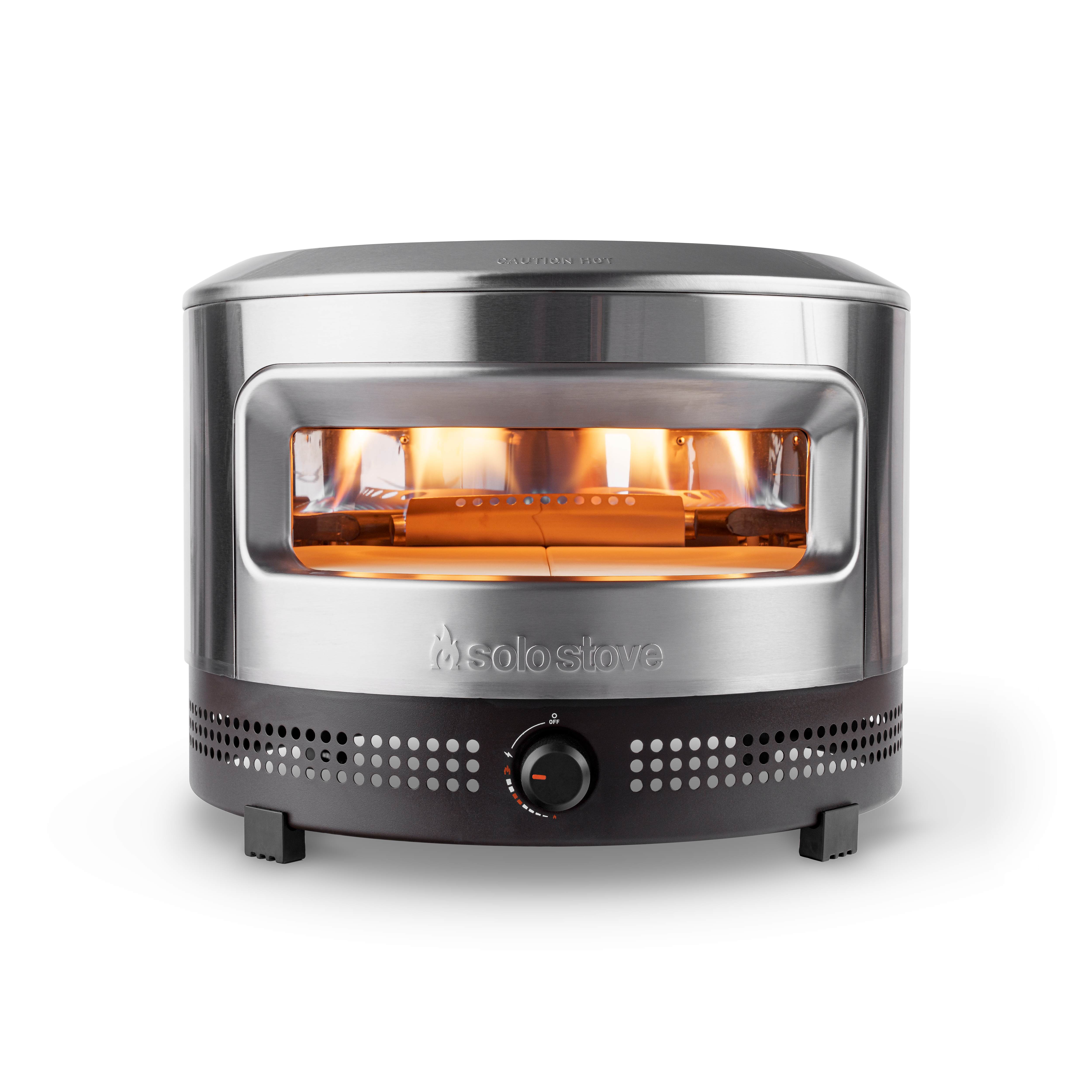 Solo Stove Pi Prime propane pizza oven with its front gas control knob