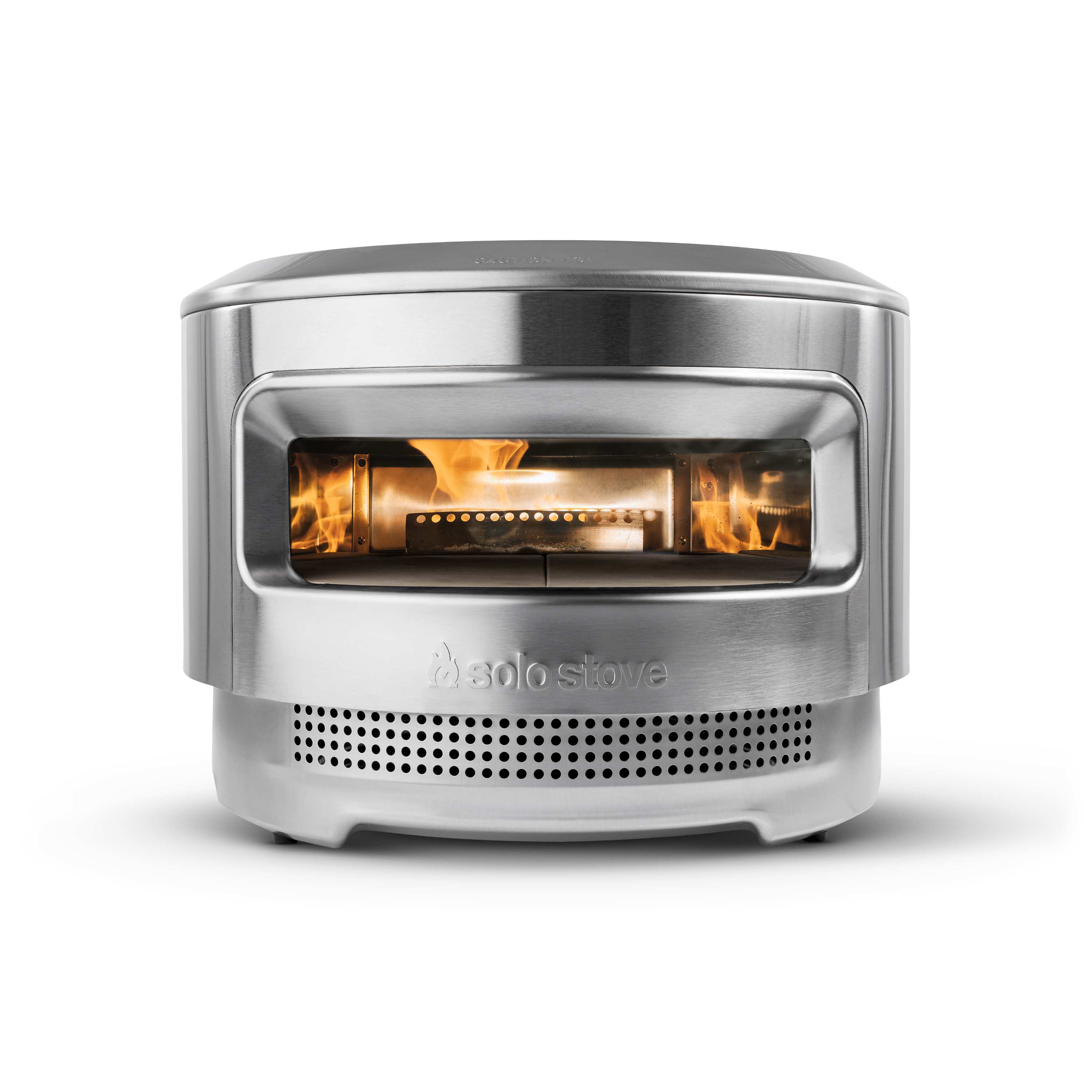 Solo Stove wood-burning Pi pizza oven with an active wood flame visible through the front window