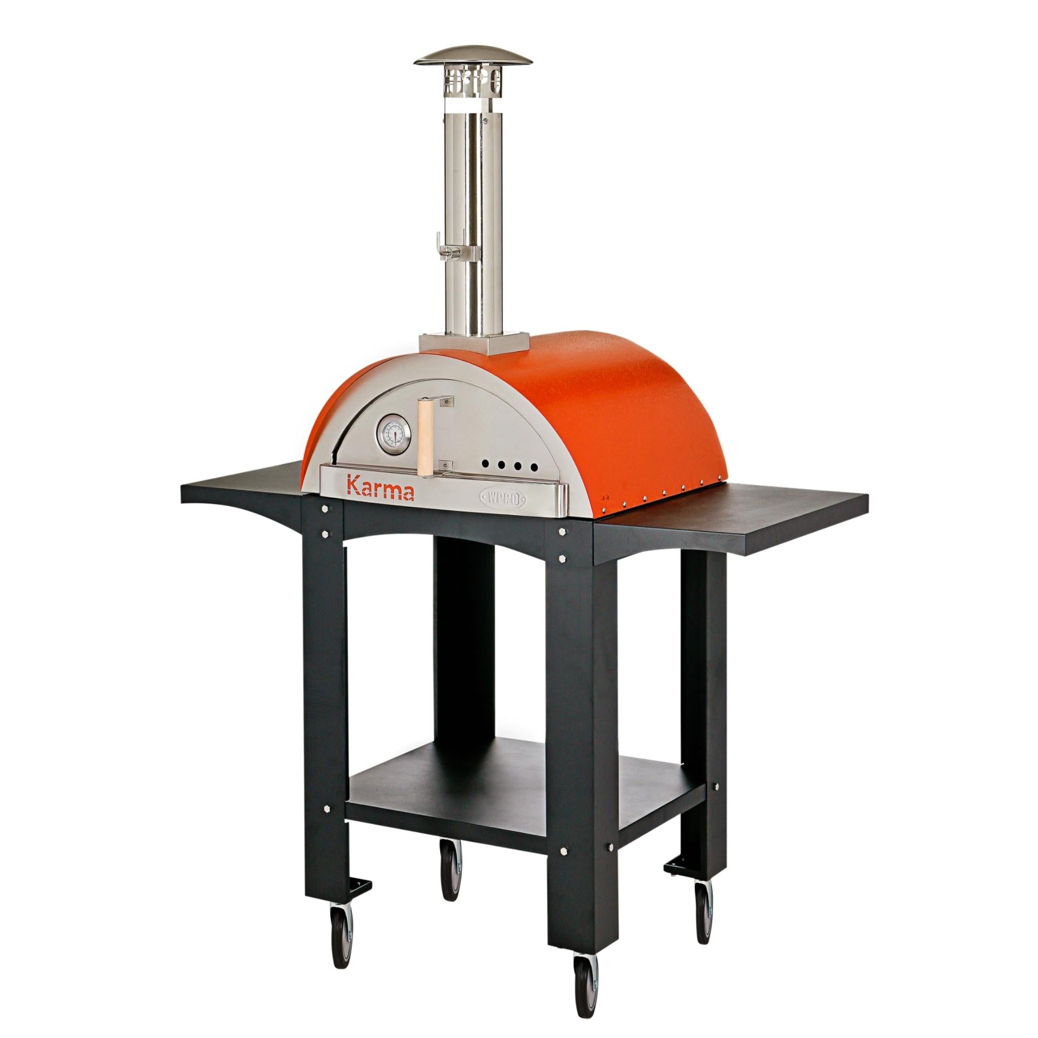 WPPO Karma 25 orange-finish wood-fired oven on black cart, official product-row image