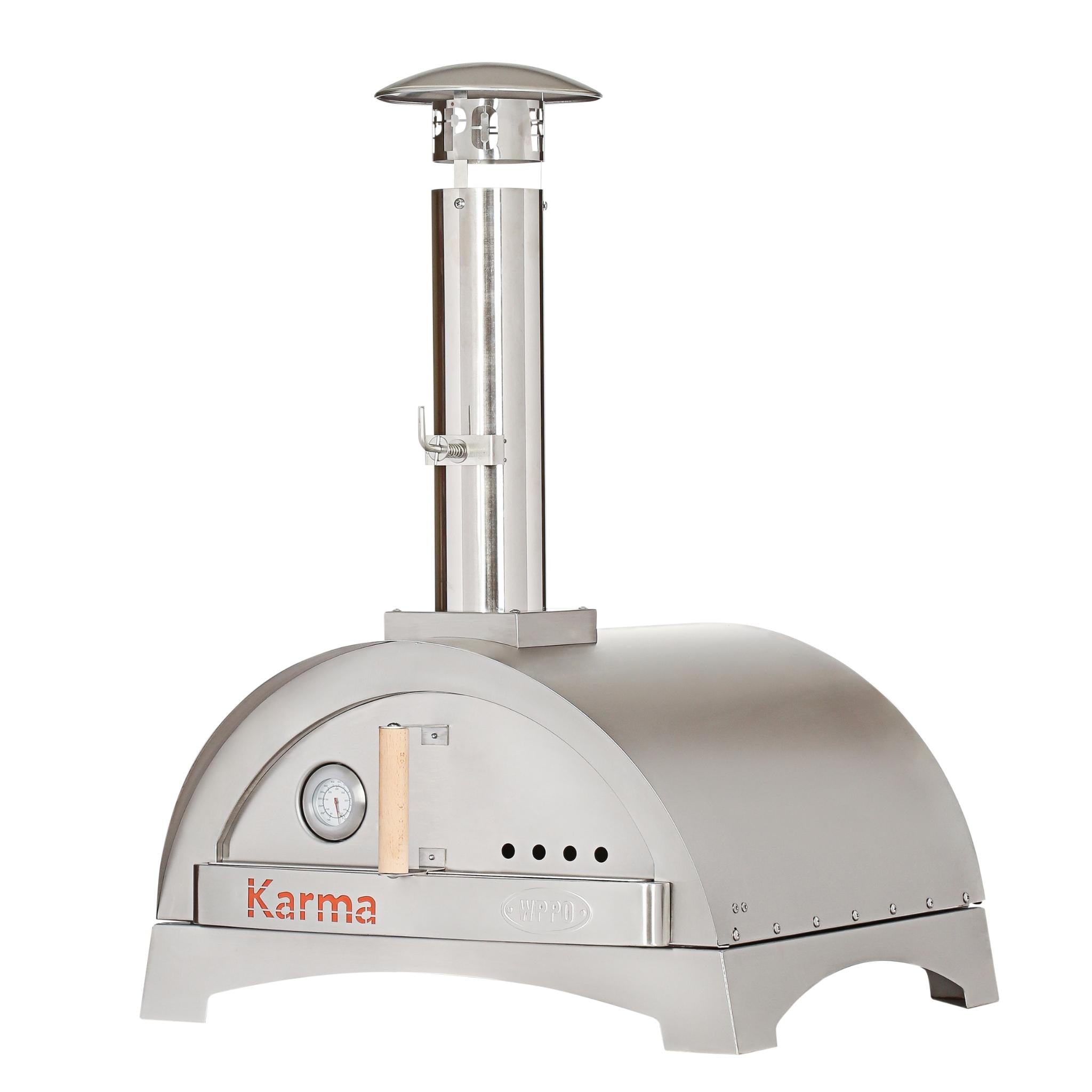 WPPO Karma 25 stainless wood-fired oven with its base, official product-page image