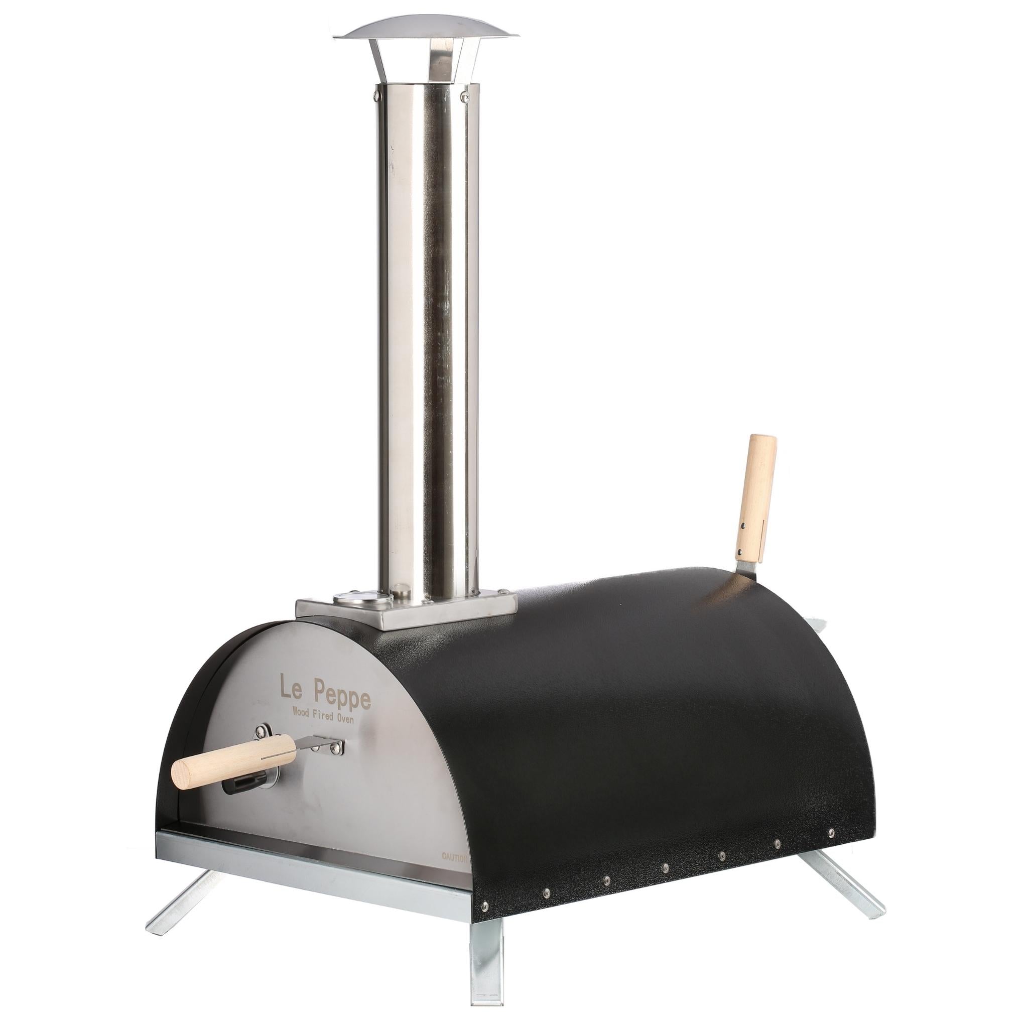 WPPO Le Peppe outdoor wood-fired oven in black, pictured with chimney and fitted legs