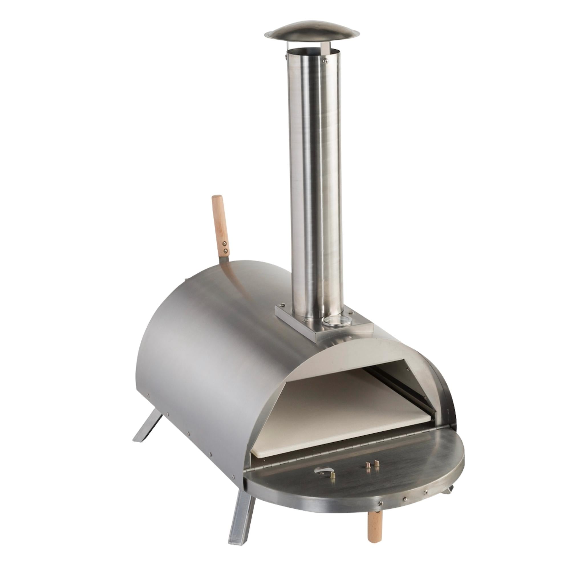 WPPO Lil Luigi portable wood-fired oven with stainless body, hinged opening, stone and chimney