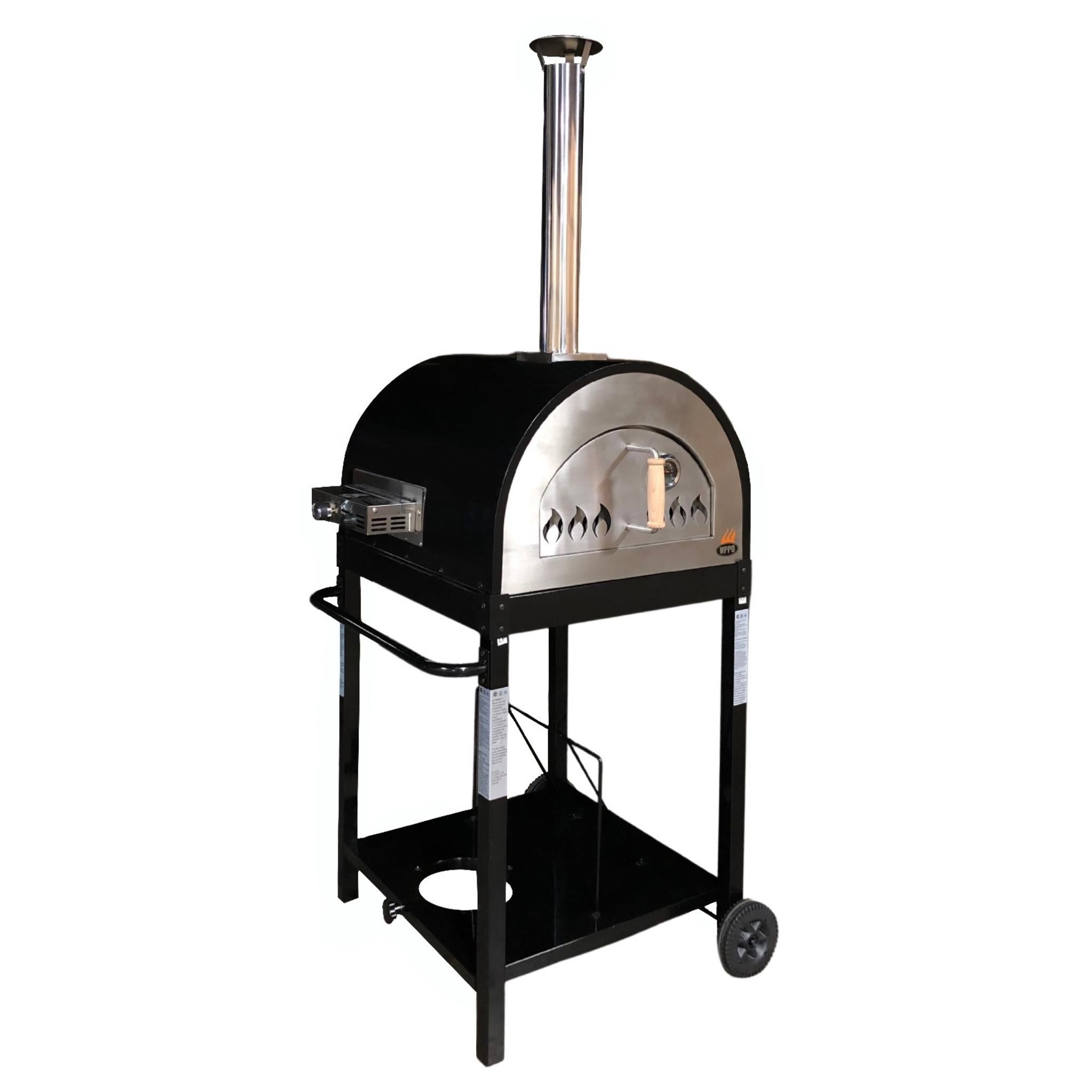 WPPO Traditional 25 wood-or-gas oven shown in a black finish on a wheeled stand with the side gas attachment.
